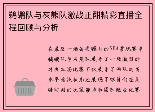 鹈鹕队与灰熊队激战正酣精彩直播全程回顾与分析